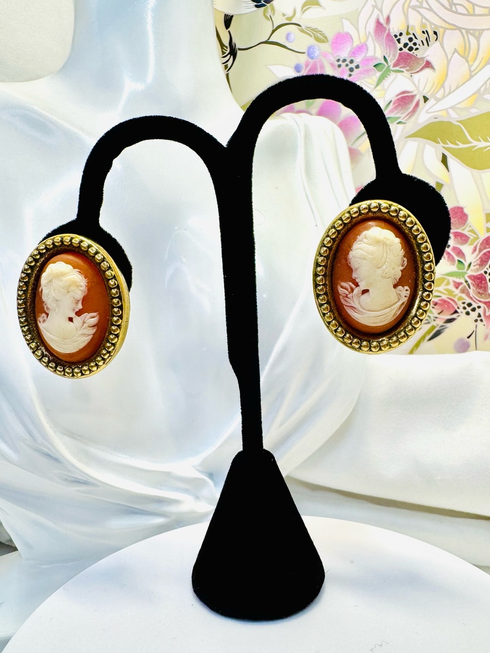 Gold Tone Coral Cameo Earrings with White Carved Profile